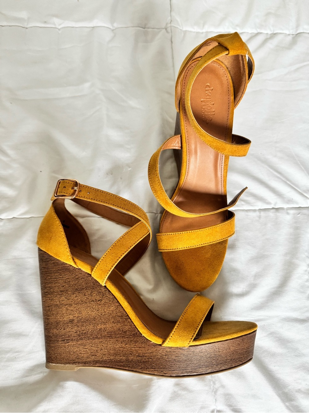 Mustard Yellow Wedge Sandals with Ankle Strap - Unbranded